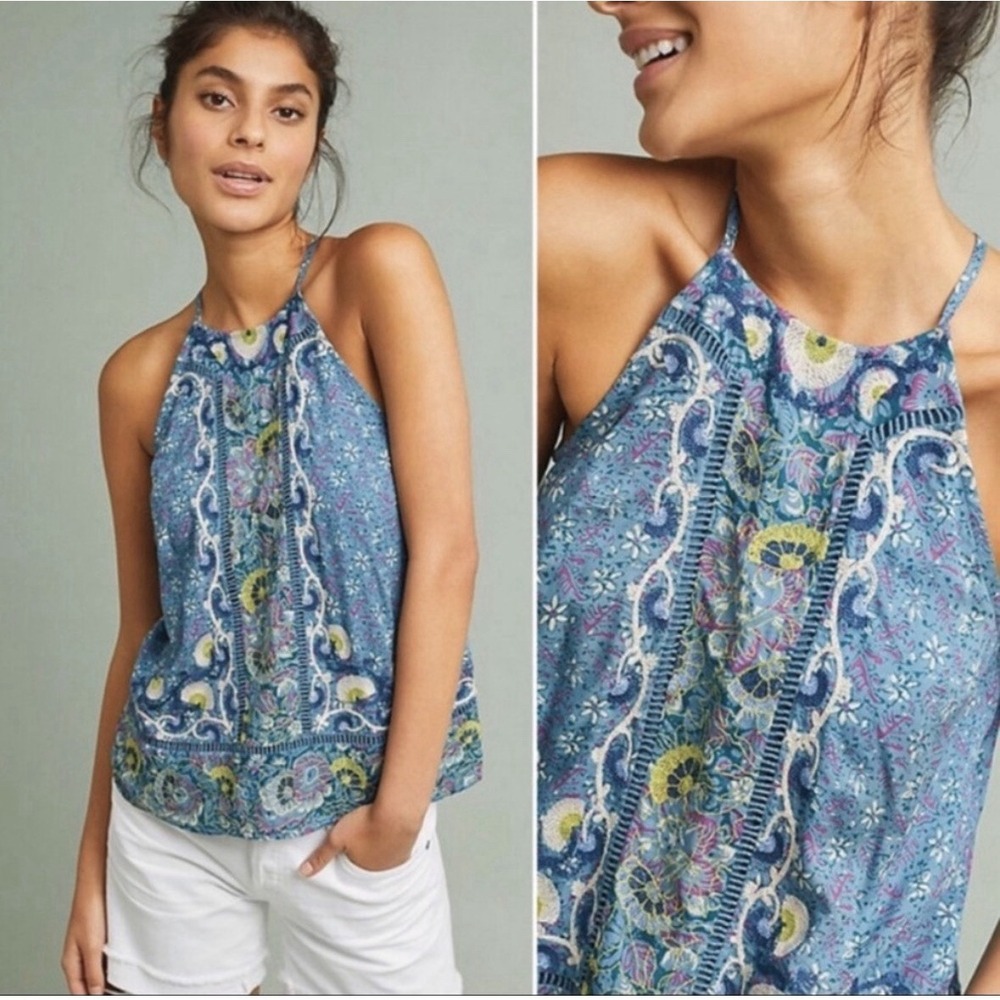 Akemi + Kin Anthropologie Floral Embroidered Halter Top Sz 16 Boho Fairy Indie